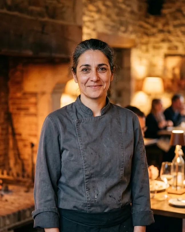 Chef Élodie Marchand in front of the restaurant hearth